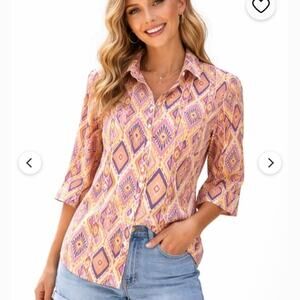 Chico's No Iron 100% Linen Button Down Tunic Sz XL Bright Geometric Print Summer